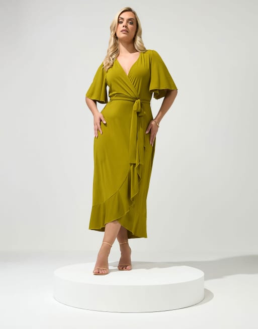 Yours Clothing Ruffle hem wrap dress in green, 2 of 4