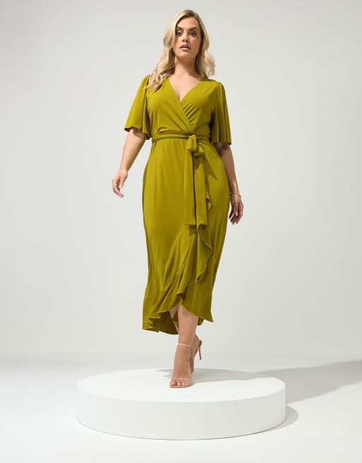 Yours Clothing Ruffle hem wrap dress in green, 3 of 4
