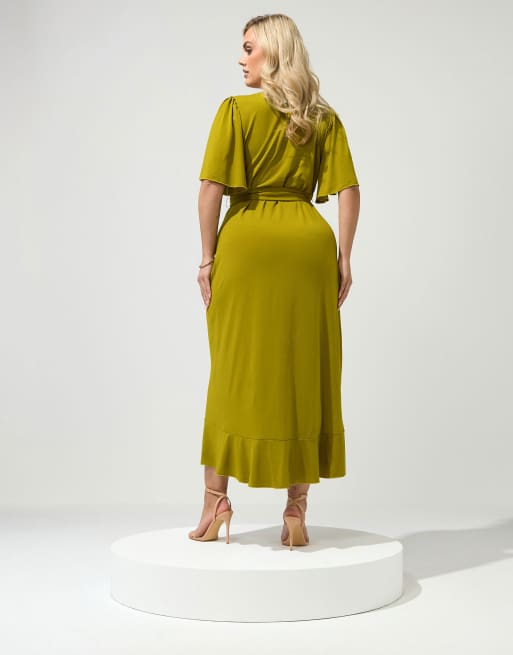 Yours Clothing Ruffle hem wrap dress in green, 4 of 4
