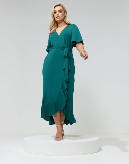 Yours Clothing Ruffle hem wrap dress in green, 2 of 4