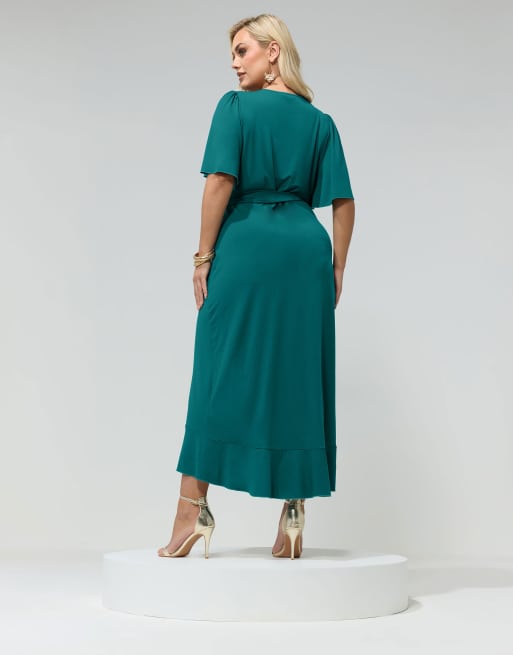 Yours Clothing Ruffle hem wrap dress in green, 3 of 4