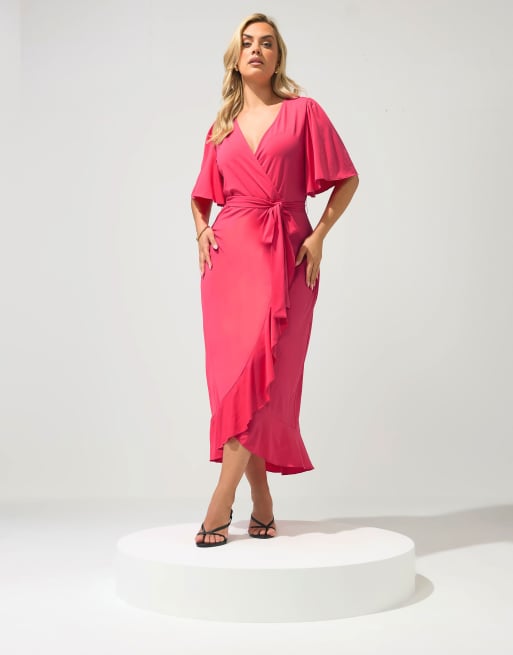 Yours Clothing Ruffle hem wrap dress in pink, 2 of 4