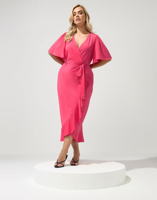 Yours Clothing Ruffle hem wrap dress in pink, 3 of 4