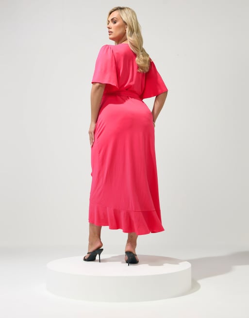 Yours Clothing Ruffle hem wrap dress in pink, 4 of 4