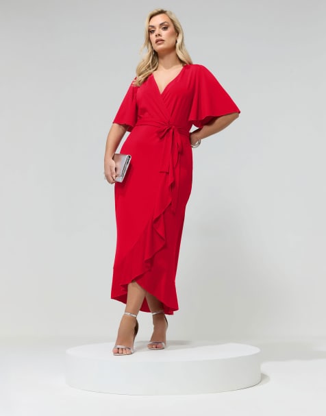 Yours Clothing Ruffle hem wrap dress in red - view 1