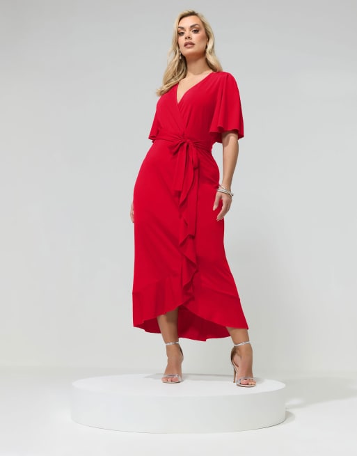 Yours Clothing Ruffle hem wrap dress in red, 2 of 4