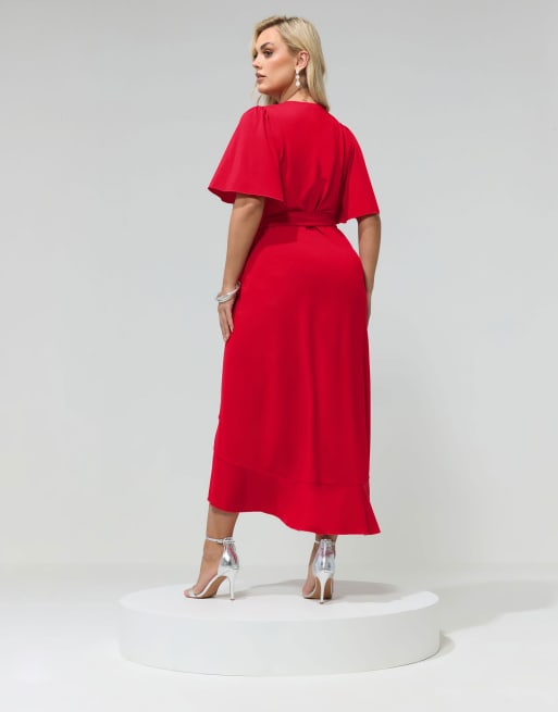 Yours Clothing Ruffle hem wrap dress in red, 3 of 4
