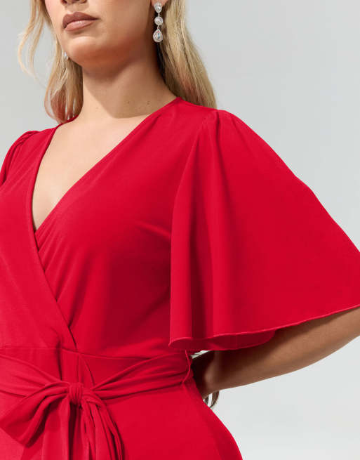 Yours Clothing Ruffle hem wrap dress in red, 4 of 4