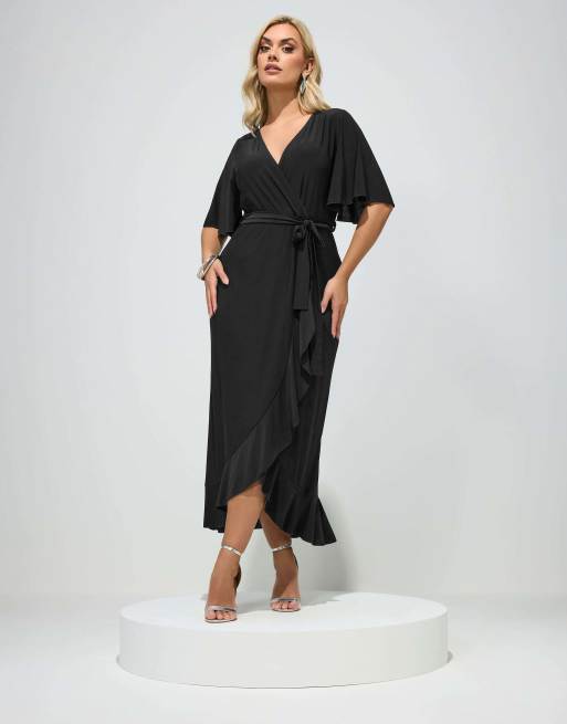 Yours Clothing Ruffle hem wrap maxi dress in black, 2 of 4