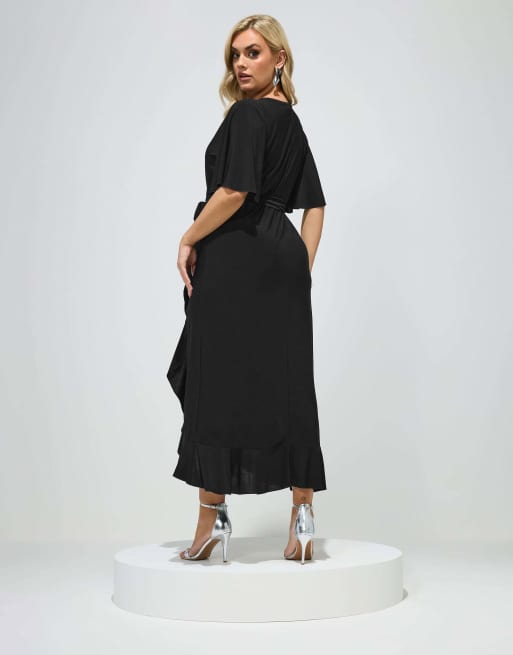 Yours Clothing Ruffle hem wrap maxi dress in black, 3 of 4