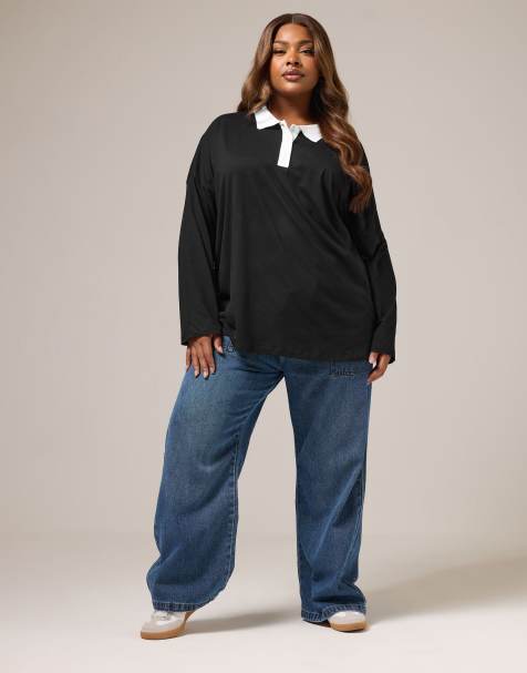 Yours Clothing Rugby collar top in black - view 1