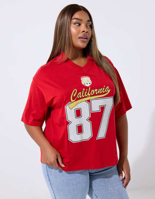 Yours Clothing Rugby collar varsity top in red, 4 of 4