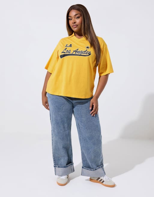 Yours Clothing Rugby collar varsity top in yellow, 3 of 4
