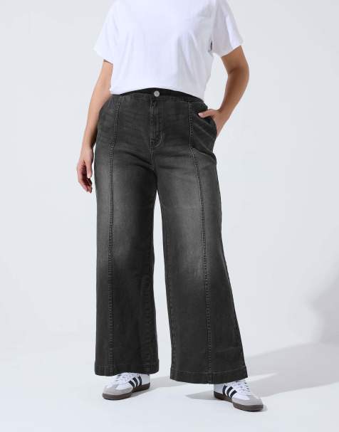 Yours Clothing Seam detail wide leg jeans in black - view 1