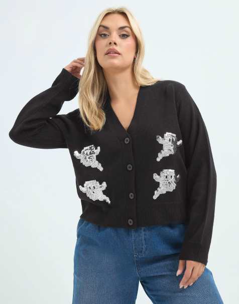 Yours Clothing Sequin ghost knitted cardigan in black - view 1
