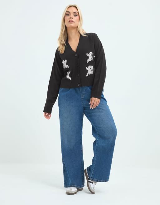 Yours Clothing Sequin ghost knitted cardigan in black, 2 of 4