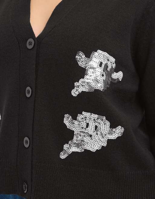 Yours Clothing Sequin ghost knitted cardigan in black, 4 of 4