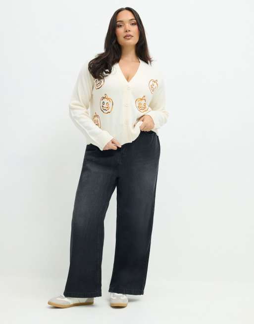 Yours Clothing Sequin pumpkin cardigan in natural, 2 of 3