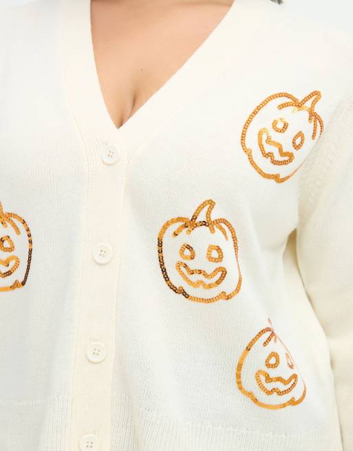 Yours Clothing Sequin pumpkin cardigan in natural, 3 of 3