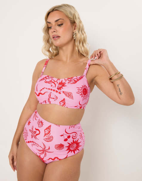 Yours Clothing Shell print bandeau bikini top in pink - view 1