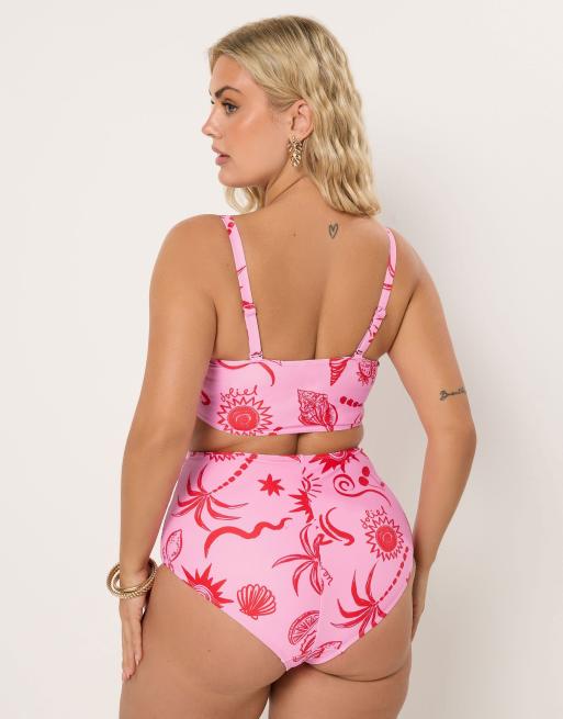 Yours Clothing Shell print bandeau bikini top in pink, 2 of 4