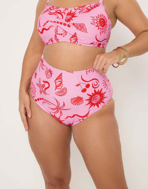 Yours Clothing Shell print super high waist bikini brief in pink - view 1
