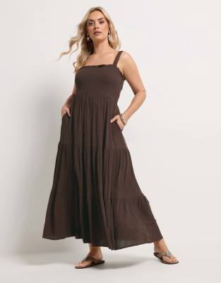 Yours Clothing Shirred maxi dress in brown