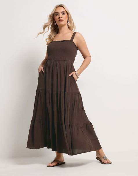 Yours Clothing Shirred maxi dress in brown - view 1