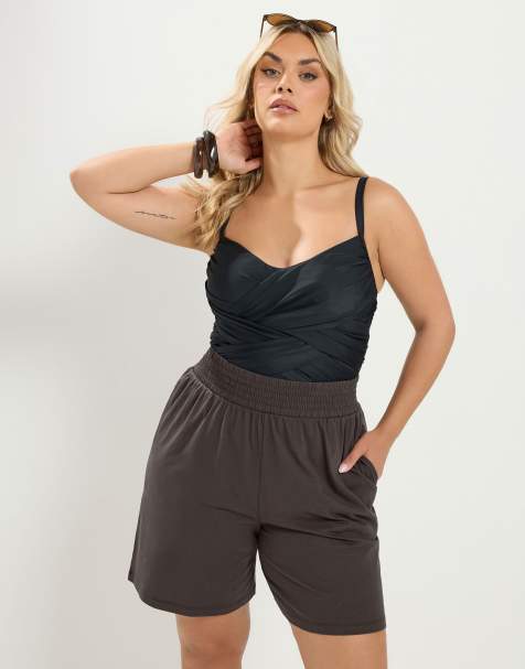 Yours Clothing Shirred waist shorts in brown - view 1