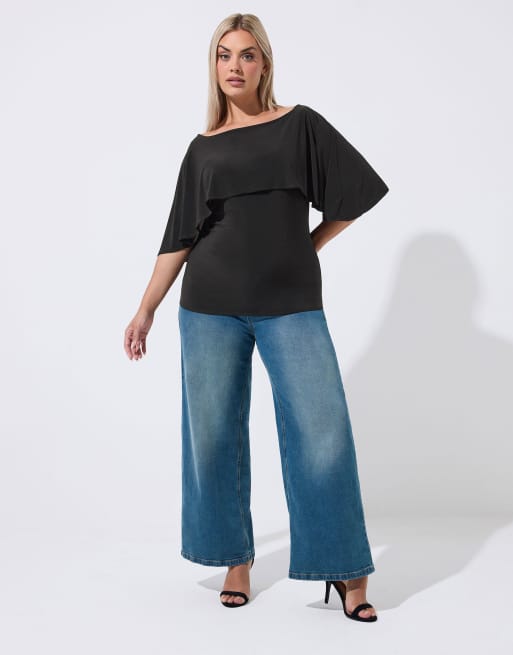 Yours Clothing Short sleeve cape top in black, 2 of 4