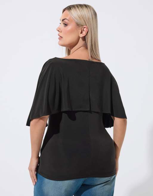 Yours Clothing Short sleeve cape top in black, 3 of 4