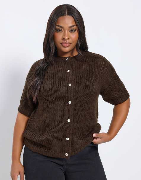 Yours Clothing Short sleeve knitted cardigan in brown