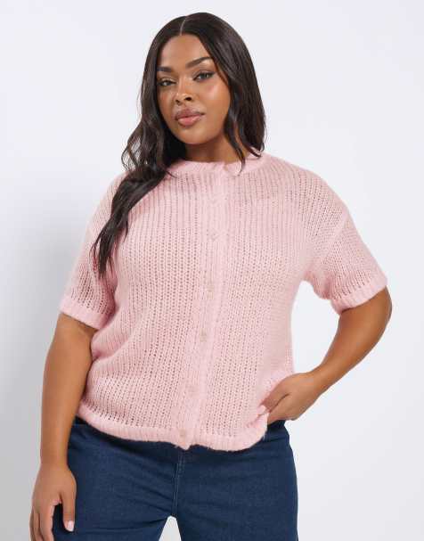 Yours Clothing Short sleeve knitted cardigan in pink - view 1