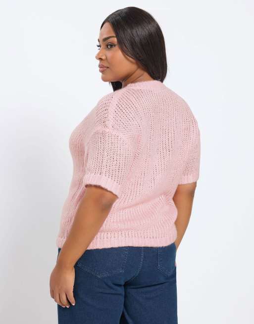 Yours Clothing Short sleeve knitted cardigan in pink, 4 of 4