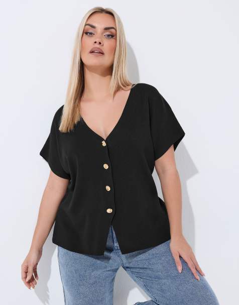 Yours Clothing Short sleeve knitted top in black