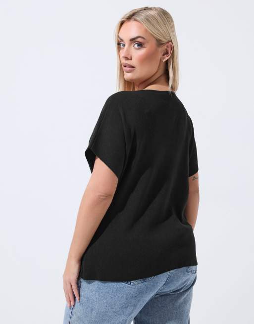 Yours Clothing Short sleeve knitted top in black, 3 of 4