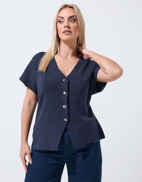 Yours Clothing Short sleeve knitted top in blue