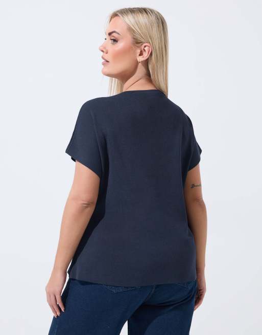Yours Clothing Short sleeve knitted top in blue, 3 of 4