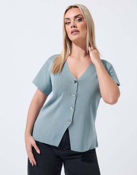 Yours Clothing Short sleeve knitted top in blue