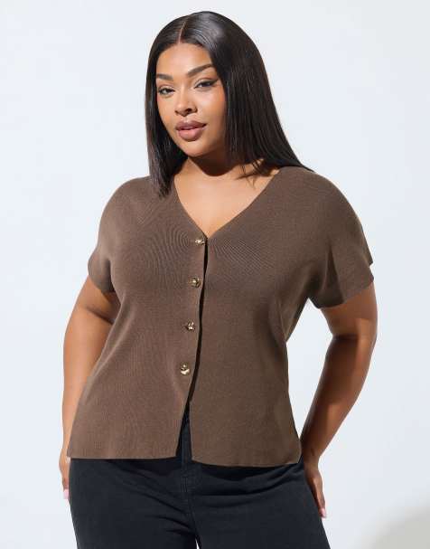 Yours Clothing Short sleeve knitted top in brown - view 1