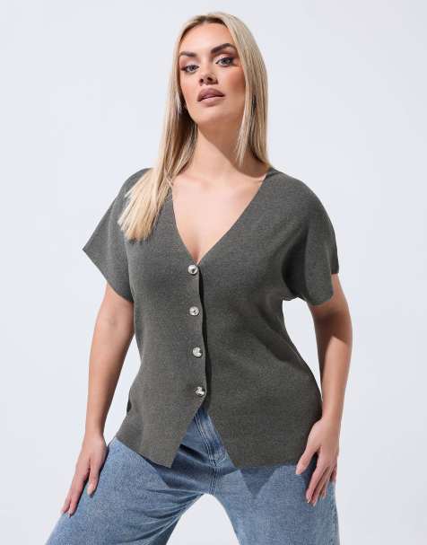 Yours Clothing Short sleeve knitted top in grey - view 1