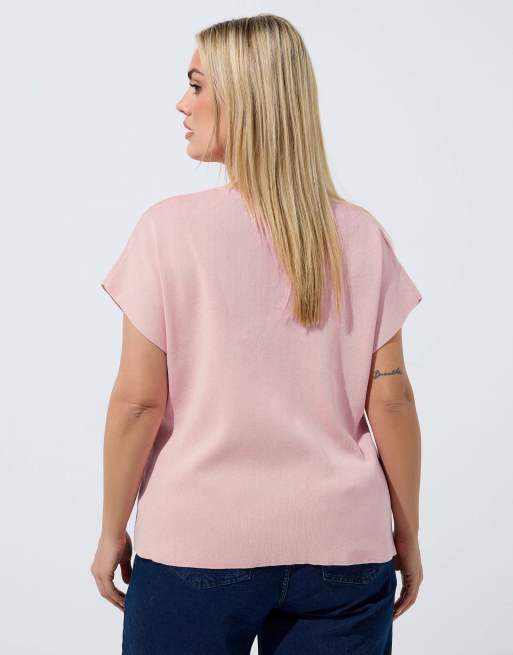 Yours Clothing Short sleeve knitted top in pink, 3 of 4