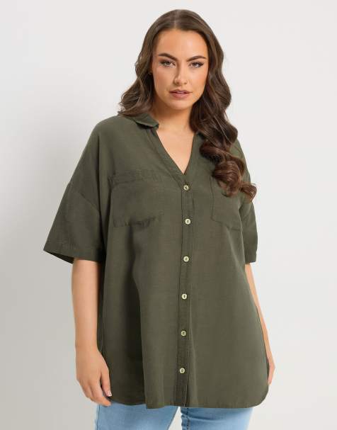 Yours Clothing Short sleeve linen shirt in green - view 1