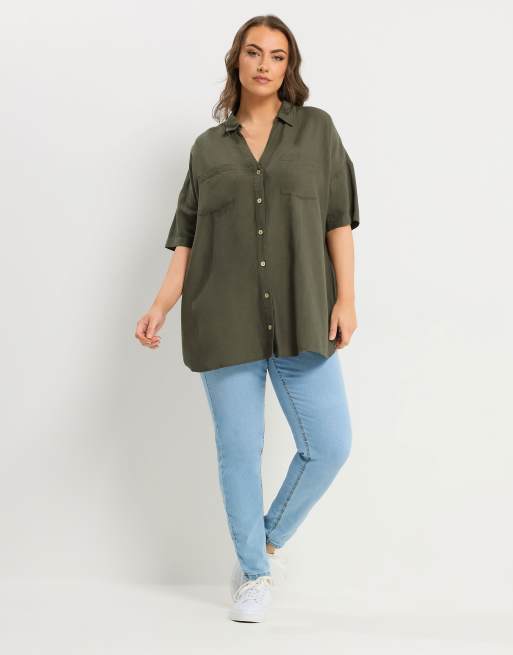 Yours Clothing Short sleeve linen shirt in green, 2 of 4