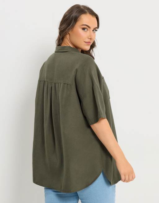 Yours Clothing Short sleeve linen shirt in green, 3 of 4