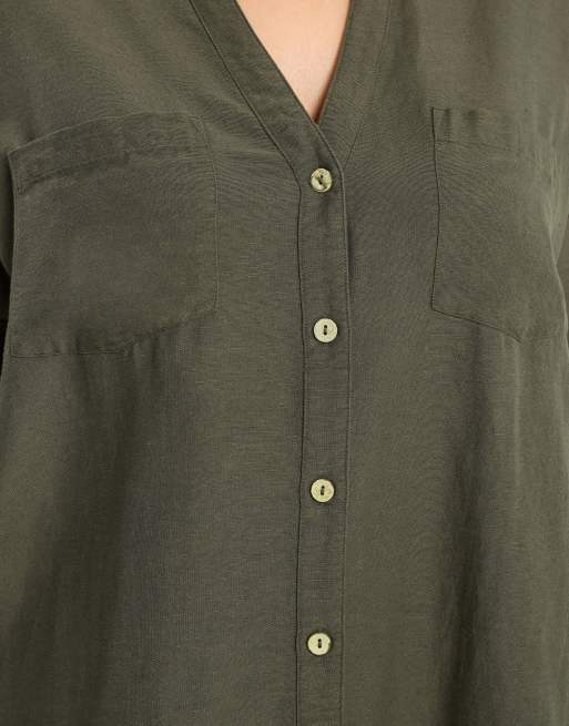Yours Clothing Short sleeve linen shirt in green, 4 of 4