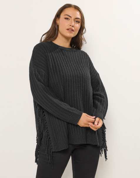 Yours Clothing Side fringe knitted jumper in black