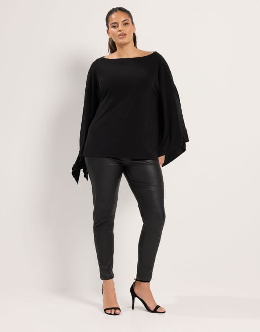 Yours Clothing Slash neck cape top in black, 2 of 4