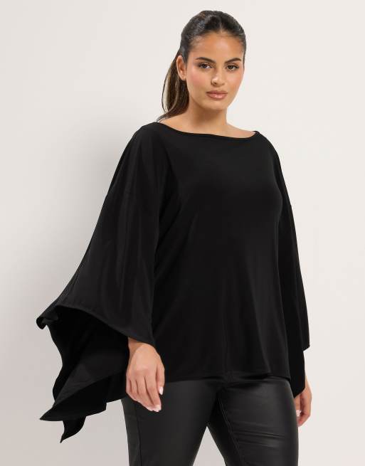 Yours Clothing Slash neck cape top in black, 4 of 4