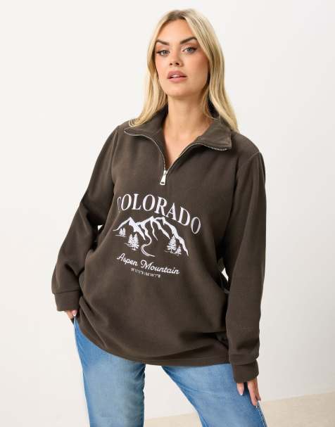 Yours Clothing Slogan quarter zip fleece in brown - view 1